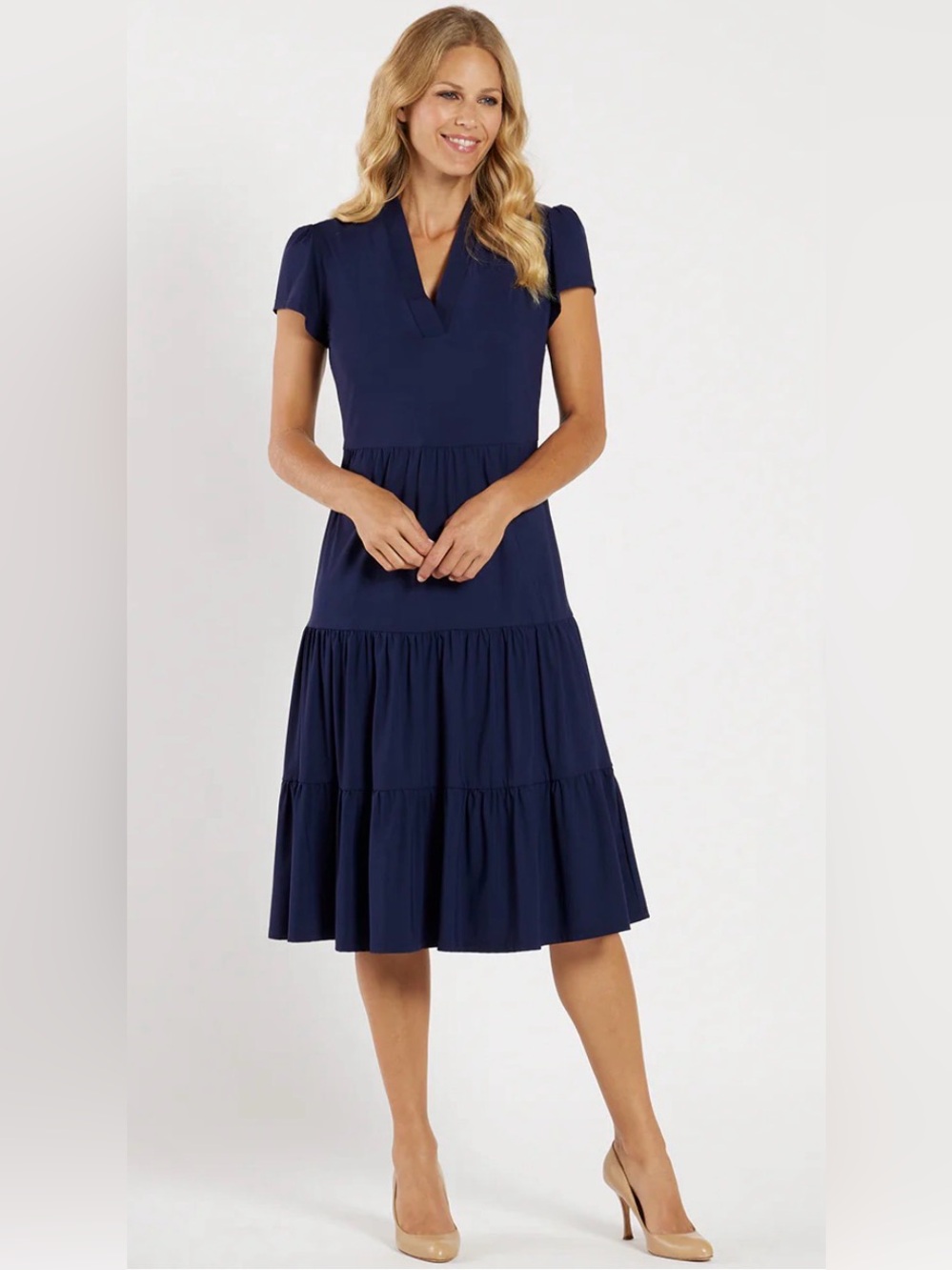 Jude Connally Libby Dress in Navy Blue is a midi-length dress - size Large